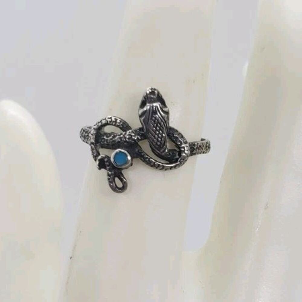 VTG Snake Ring With Turquoise 925 Sterling Silver Coiled Detailed Native 7.75 - Picture 4 of 10